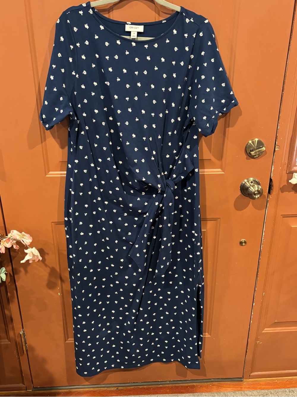 On 34th Navy Midi Dress with White Heart Print and Front Knot size 2X